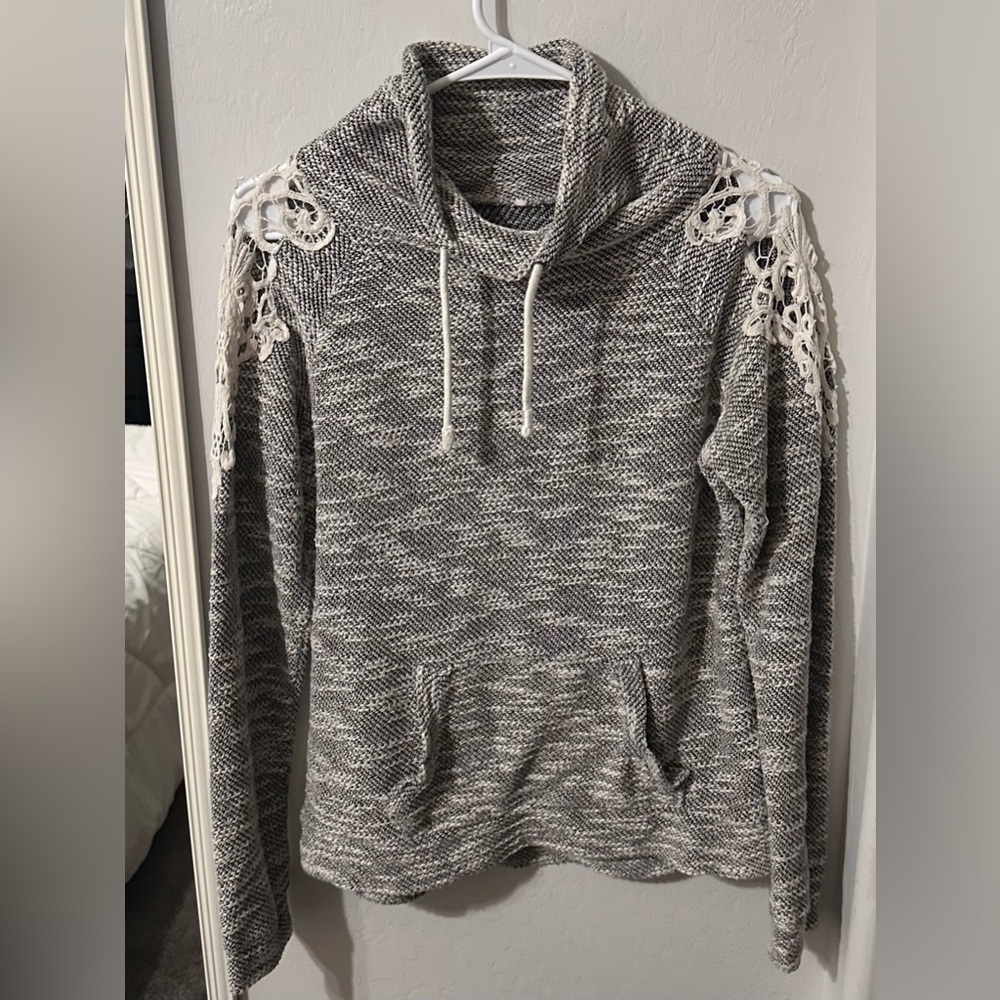 Gray and White Knit Sweater with Lace Accents